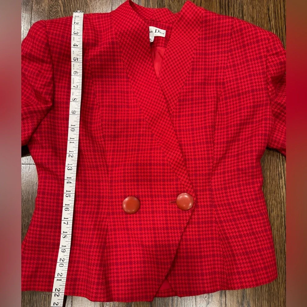 Christian Dior Vintage Houndstooth Red Plaid Pure Wool Blazer Top Size 12P